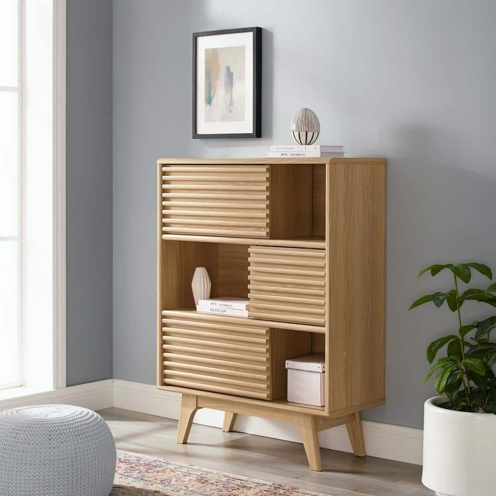 Oak 3-Tier Light Wood Mid-Century Modern Accent Cabinet