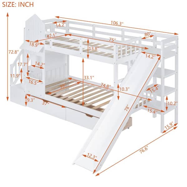 White Twin-Over-Twin Castle Style Bunk Bed with 2-Drawers 3-Shelves and Slide