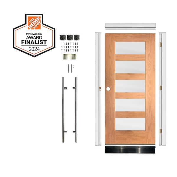 DIY RTA Kit Faux Pivot 36 x 80 in. 5-Lite Frosted Glass Right-Hand Teak Stain Fiberglass Ready to Assemble Front Door