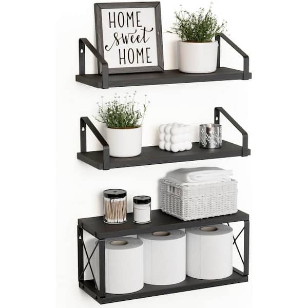Cubilan 15.6 in. W x 5.7 in. D Black Decorative Wall Shelf, 2 in. 1-Wall Mounted Floating Shelves (Set of 3)