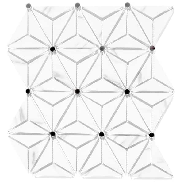 ABOLOS Art Deco Designs Carrara White Geometric Mosaic 6 in. x 7 in. in. Marble Look Glass Wall Tile (8.9 sq. ft./Case)
