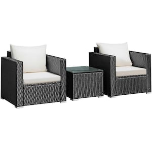 3-Pieces Wicker Patio Conversation Furniture Set with White Cushion