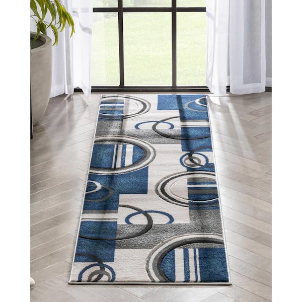 Dark Blue 2 ft. 7 in. x 7 ft. 3 in. Good Vibes Belle Modern Geometric Abstract Runner Area Rug