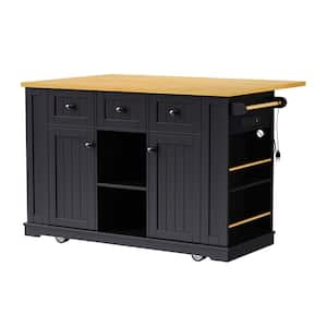 Black MDF Wood 53 in. Kitchen Island on Wheels with Internal Storage Rack, Drop Leaf, Power Outlet and Open Side Racks