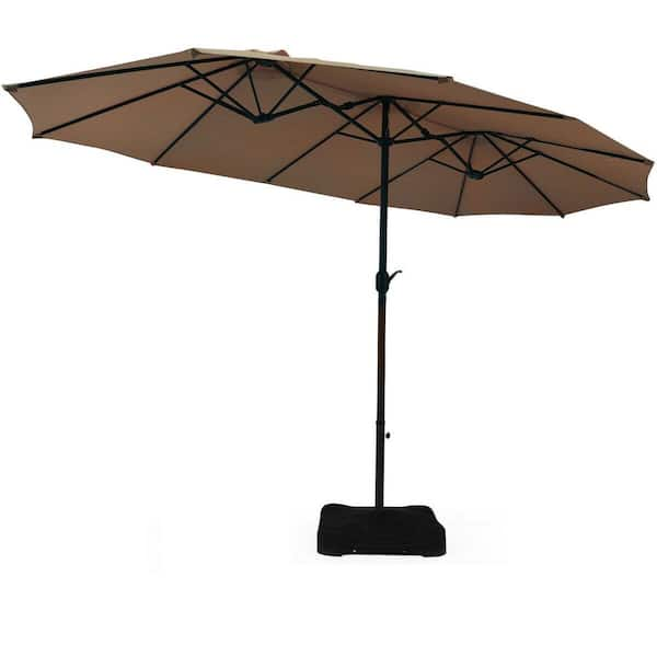 WELLFOR 15 ft. Steel Market Patio Umbrella with Crank and Stand in Tan ...