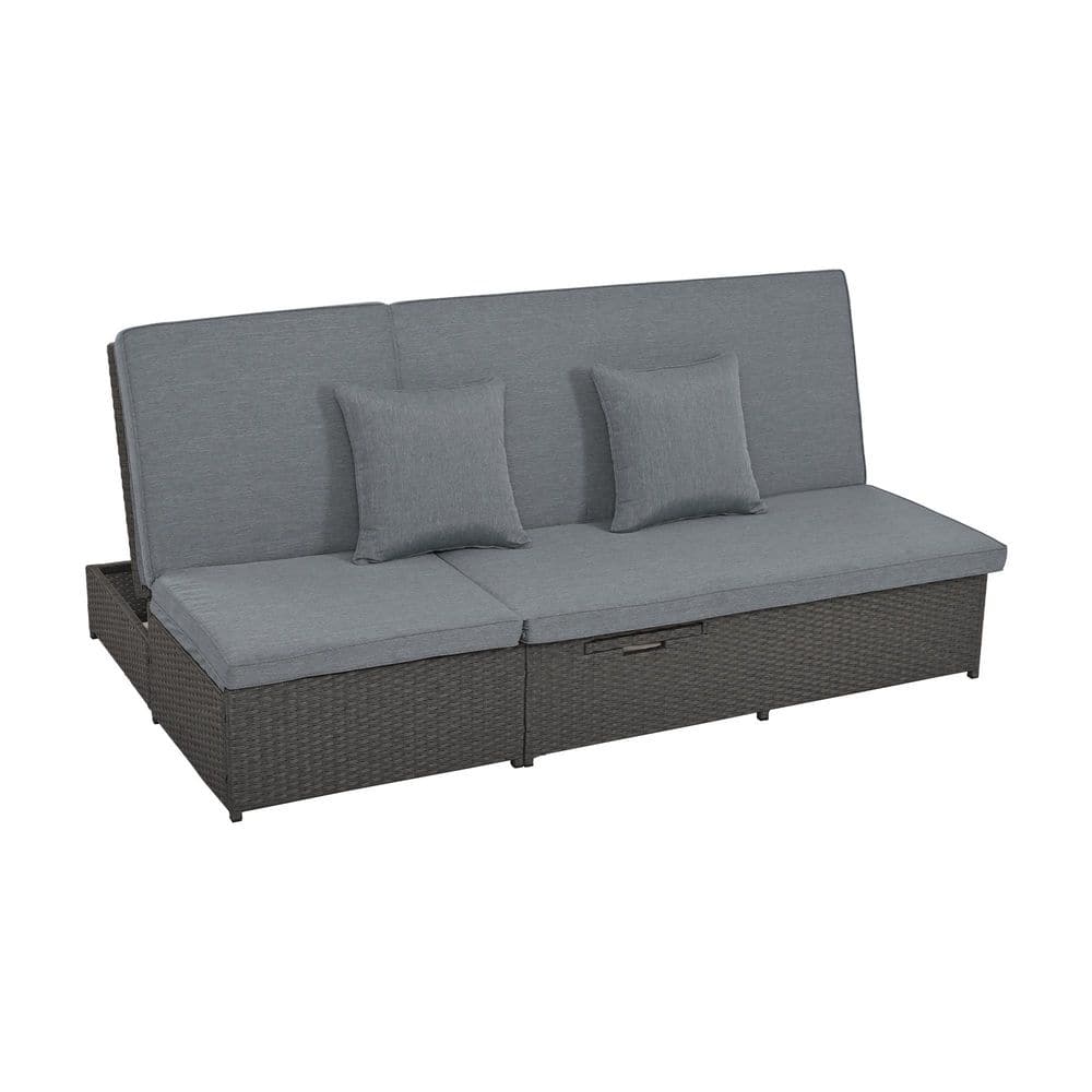 Gray Wicker Double Sunbed Outdoor Recliner Chaise Lounge with Cushions and 