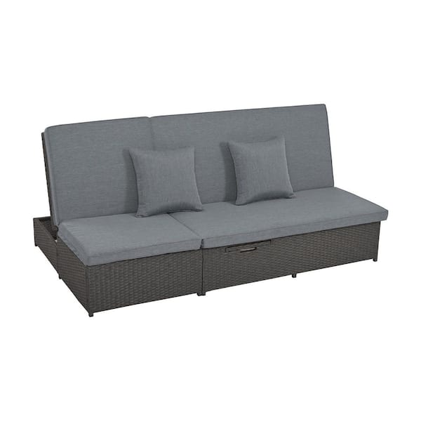 Unbranded Gray Wicker Double Sunbed Outdoor Recliner Chaise Lounge with Cushions and Adjustable Backrest and Seat