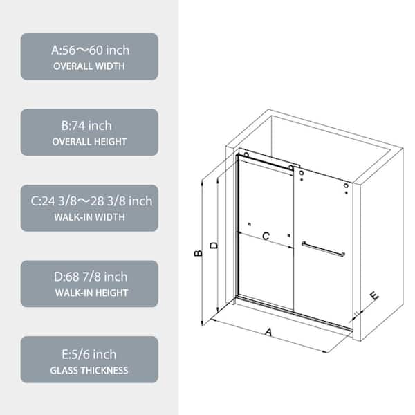 【1027】 ZXDDMS 56 in.-60 in. W x 74 in. H Sliding Smi-Frameless Shower