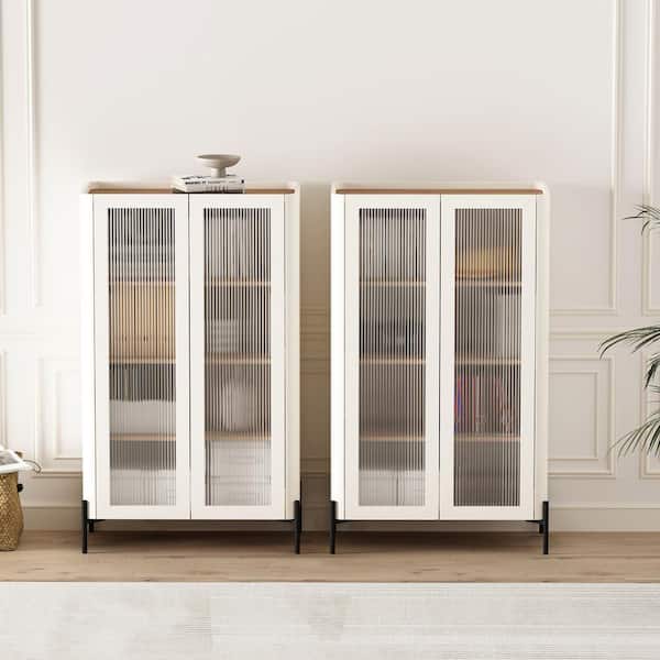 Abbey 52.8 in. Tall Maple and Off White Composite Wood 4-Shelf Standard Bookcase with Adjustable Shelves (Set of 2)