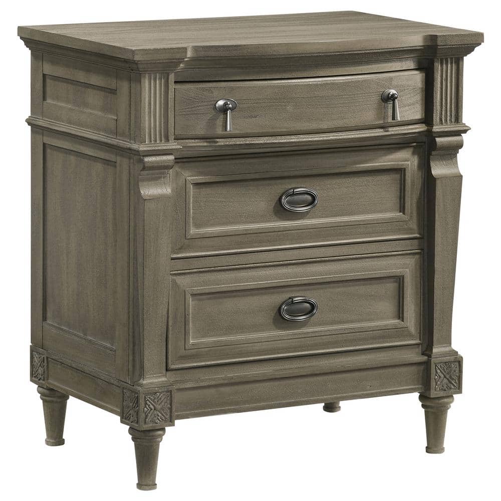 Transitional French Grey 3-Drawer Nightstand with USB Ports