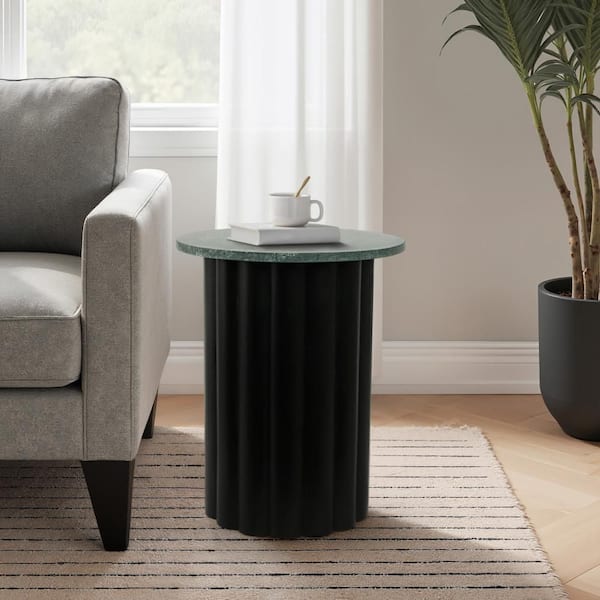 Liv & Skye 16 in. Black/Green Round Wood Ribbed Accent Table with Marble Top