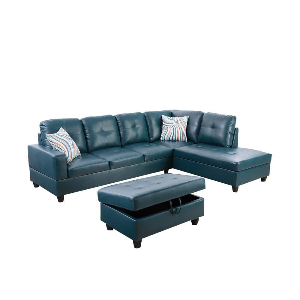 Star Home Living 74 5in W Square Arm 3 Piece Faux Leather L Shaped Sectional Sofa In Green With Ottoman 9518b 3pc The