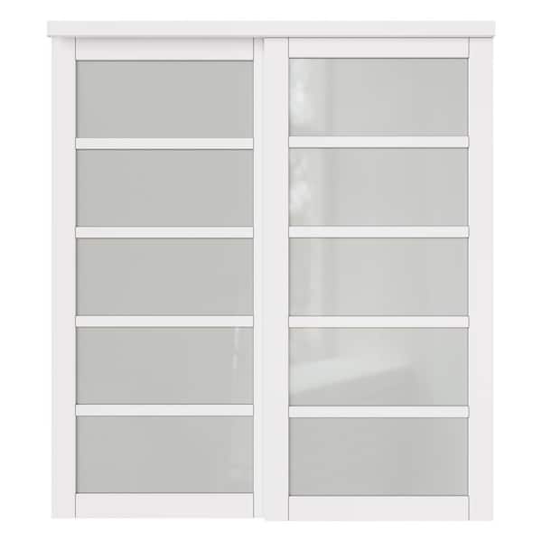 72 in. x 80 in. 5 Lites Frosted Glass White MDF Closet Sliding Door with Hardware Kit