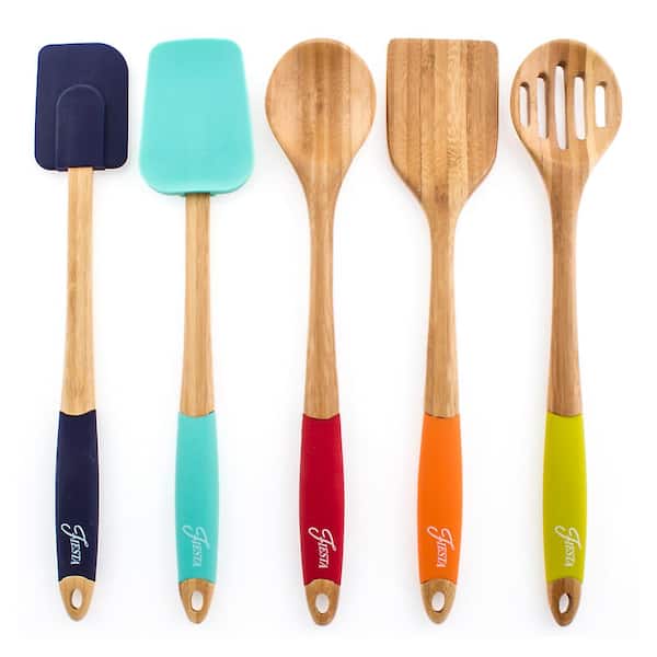 Premier Housewares Kitchen Utensil Set, Pastel Handles 5 Piece, Bamboo,  Multi/Coloured