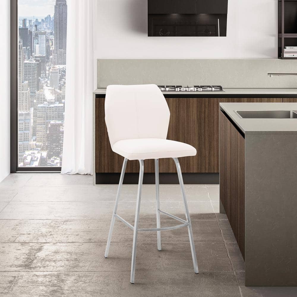 White Faux Leather 30" Swivel Bar Stool with Brushed Stainless Steel