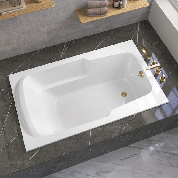 Getpro PureDrop 60 in. L x 32 in. W Rectangular Drop-in Soaking Bathtub with Reversible Drain Hole in White