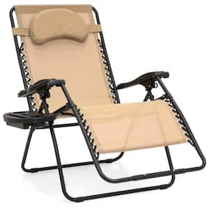 Oversized Zero Gravity Folding Reclining Tan Fabric Outdoor Lawn Chair w/Cup Holder