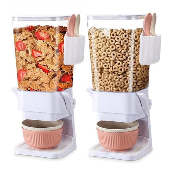 Numhew 2-Piece White Dry Food Dispenser, Countertop Cereal Dispenser with Bowls, Spoons and Cutlery Box