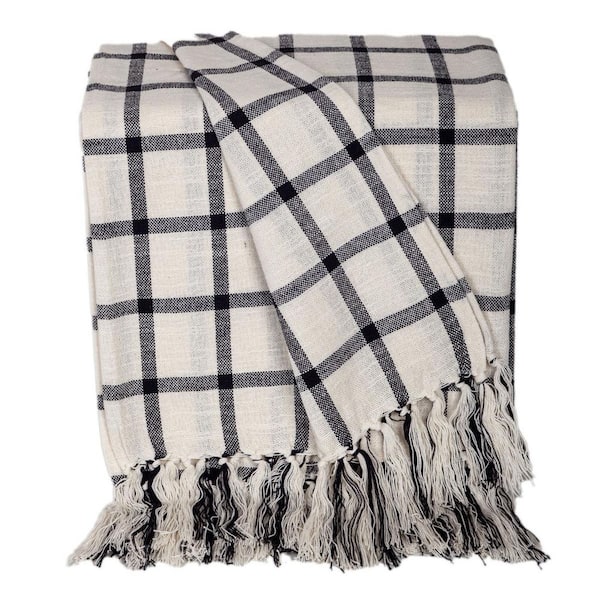 Black/ Off White Plaid Cotton Throw Blanket