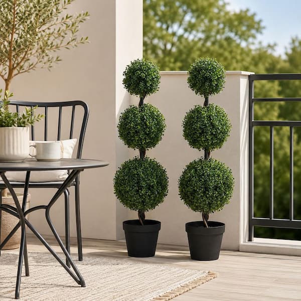 3 ft. Artificial Triple Ball Topiary Trees Large Faux Boxwood Shrubs Plants for outdoor Indoor Home Decor of 2