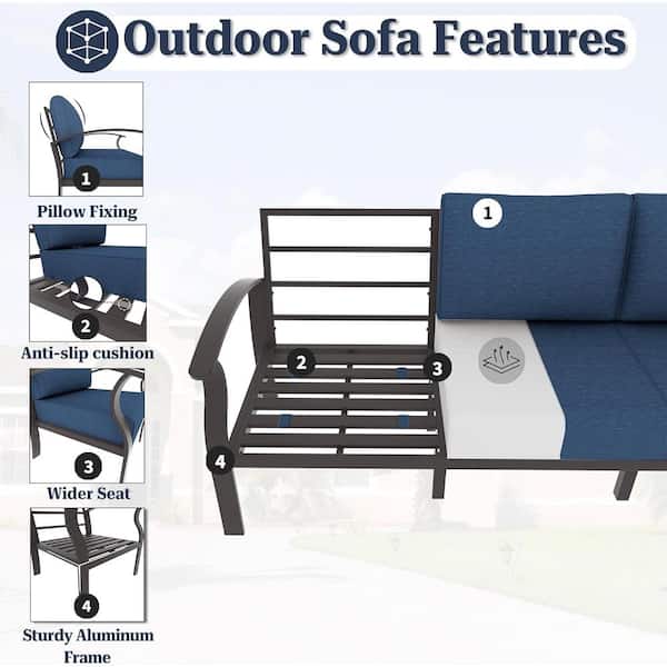 5-Piece Aluminum Patio Fire Pit Sectional Seating Set with armrest, Swivel Rocking Chairs,coffee table and Navy Cushions