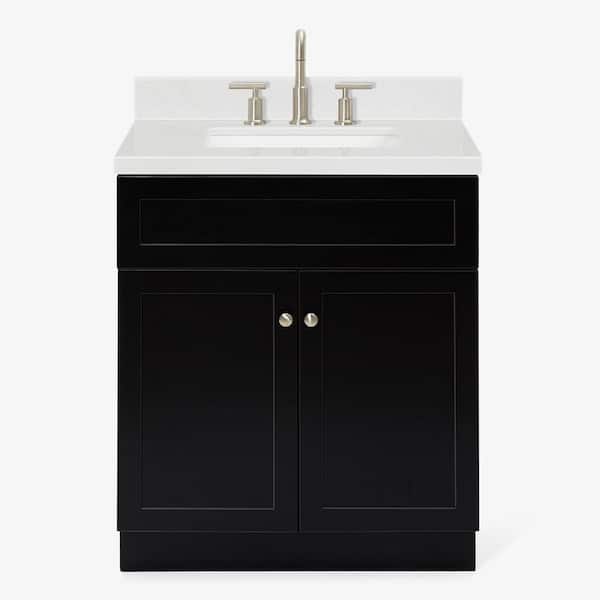 Hamlet 30 in. W x 22 in. D x 36 in. H Single Freestanding Bath Vanity in Black with Carrara White Quartz Top