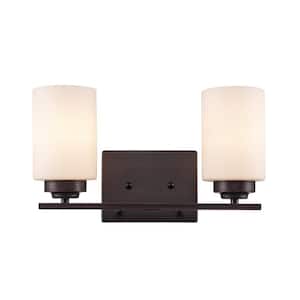 Mod Pod 14.25 in. 2-Light Oil Rubbed Bronze Bathroom Vanity Light Fixture with Frosted Glass Cylinder Shades
