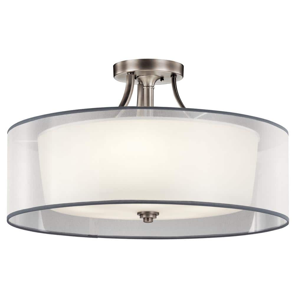 Antique Pewter 28" Glass Drum Semi-Flush Ceiling Light