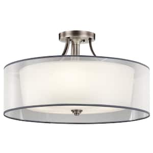 Lacey 28 in. 5-Light Antique Pewter Hallway Transitional Semi-Flush Mount Ceiling Light with Organza Shade