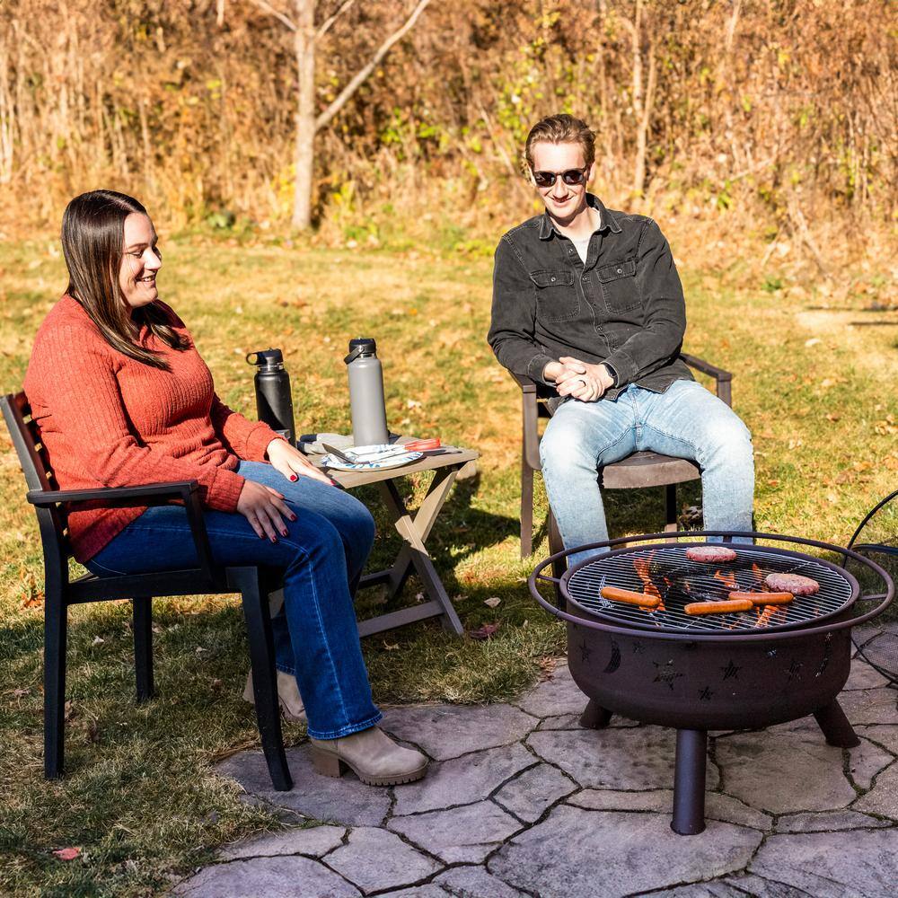 Bronze 30" Round Wood-Burning Steel Fire Pit with Cooking Grate