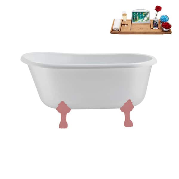 Streamline 57 in. x 29.5 in. Acrylic Clawfoot Soaking Bathtub in Glossy White With Matte Pink Clawfeet And Matte Pink Drain