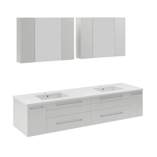 Fresca Lucera 72 in. Double Sink Wall Mount White Bath Vanity with White Quartz Top, Undermount Sinks and Medicine Cabinets