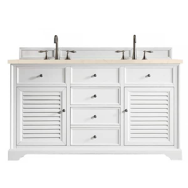 James Martin Vanities Savannah 60 in. W x 23.5 in. D x 34.3 in. H Double Bath Vanity in Bright White with Eternal Marfil Quartz Top