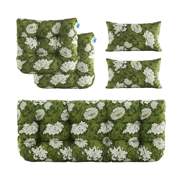 BLISSWALK Outdoor Floral Cushions Loveseat Chair with Bench Cushion Replacement for Patio Furniture in Green L19"xW44" (Set of 5)
