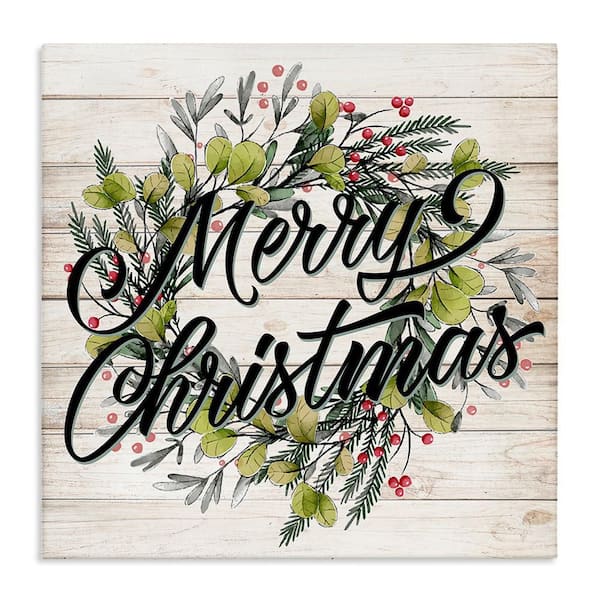 Merry Christmas Botanical Wreath by Kim Allen Unframed Graphic Art Print Typography 24 in. x 24 in.