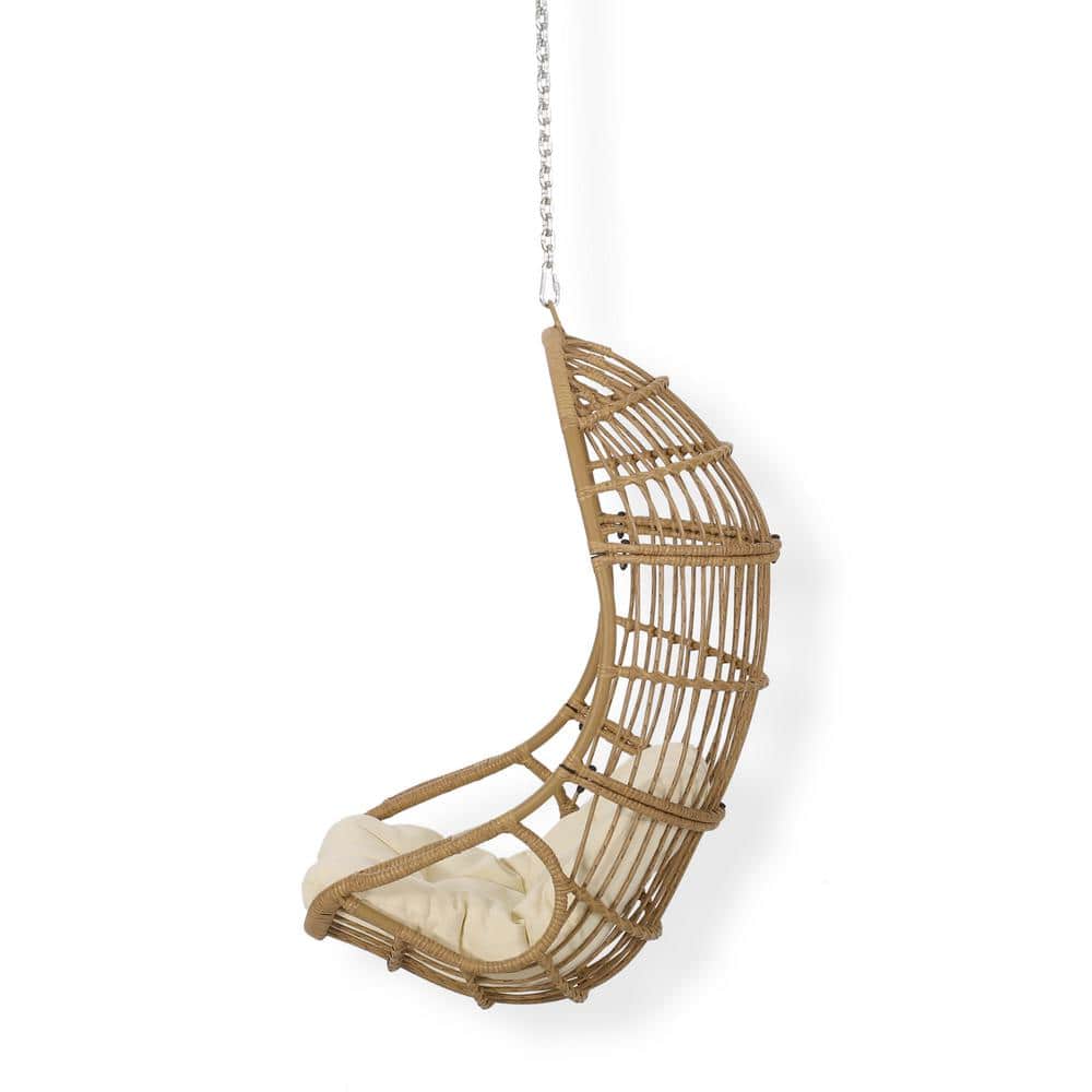 Light Brown and Beige Faux Rattan Hanging Chair with Cushions