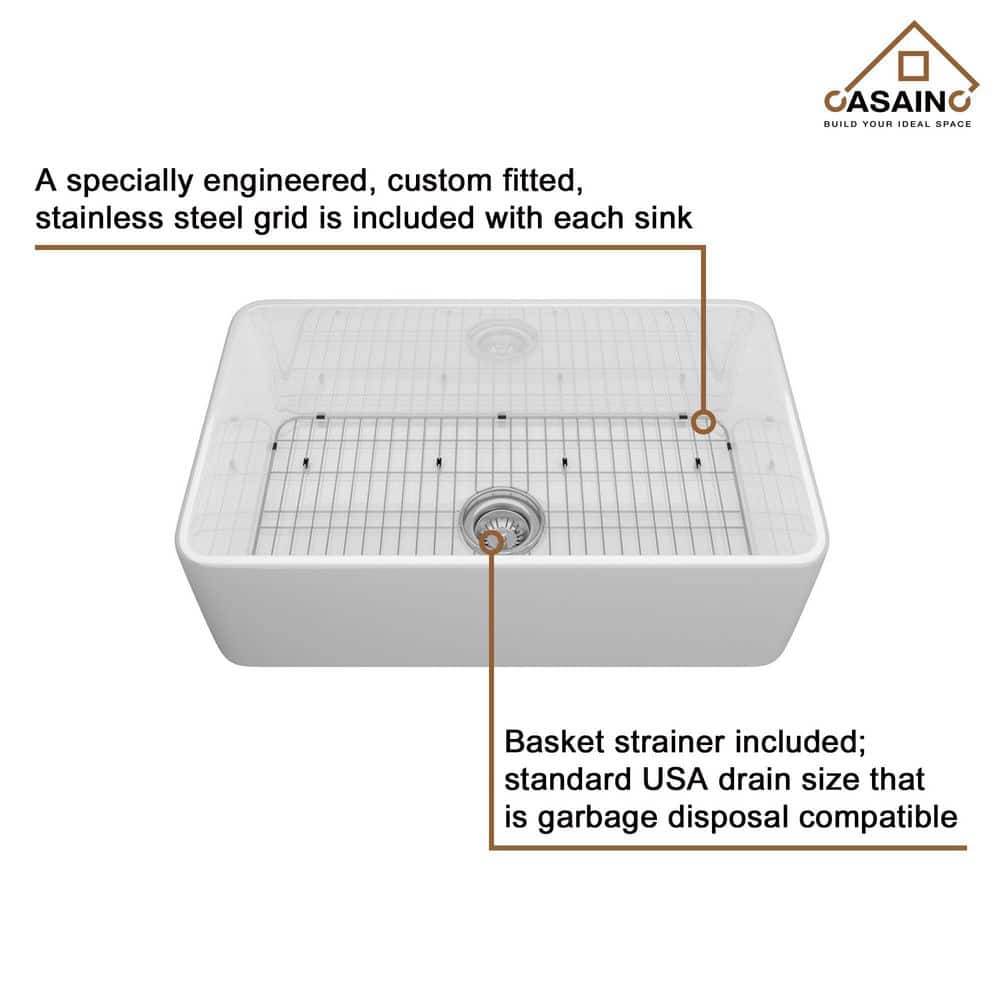 Glossy White Fireclay Single Bowl Farmhouse Kitchen Sink with Accessories