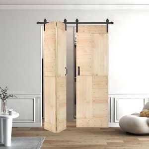 S Style 48in.x 84in.(12''X84''X4panels) Unfinished Solid Wood Bi-Fold Barn Door With Hardware Kit -Assembly Needed