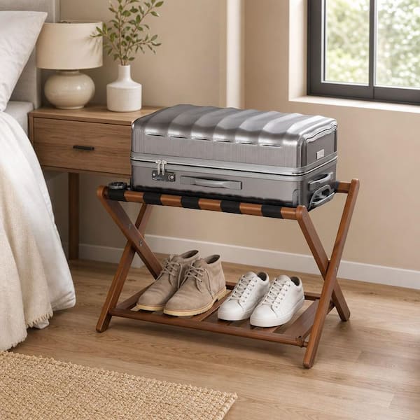 Wudkey Fully Assembled Walnut Bamboo Luggage Rack with Shoe Shelf