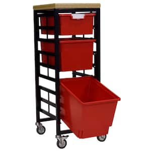 Mobile Workbench Storage Station With Wood Top -3 StorSystem Trays-Red