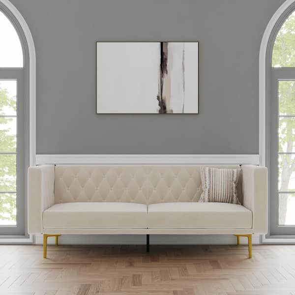 DHP Marcella, 78.5 in W, Straight Arm, Rectangle, 3-Seater, Velvet Sofa in Ivory