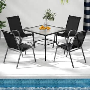 Stackable Outdoor Dining Chairs with Armrests and Breathable Fabric Seat for Pool Side Backyard Set of 4