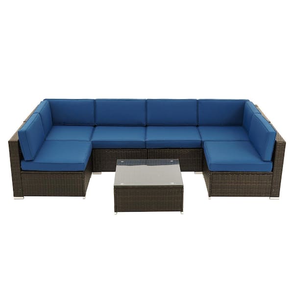 WELLFOR 7-Piece Wicker Outdoor Patio Conversation Set with Blue Cushions