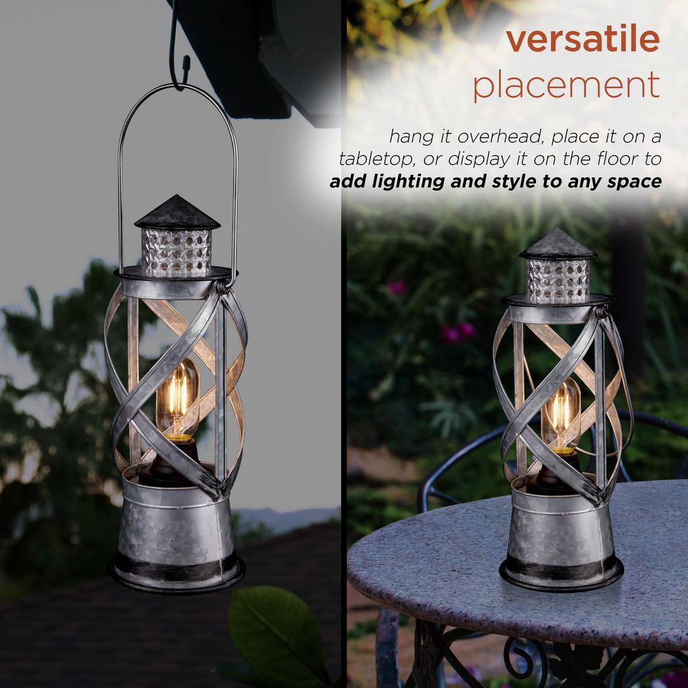 Vintage Silver Metal Hurricane Lantern with LED Lights