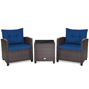 3-Piece Wicker Rattan Patio Conversation Set with Navy Washable Cushion