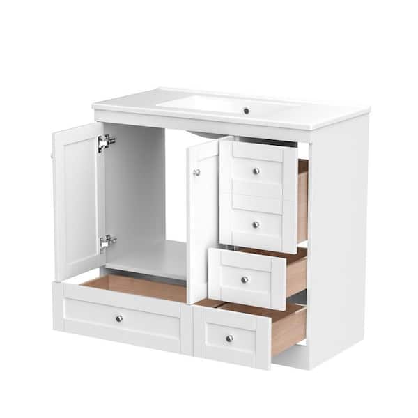 36 in. W x 18 in. D x 34.5 in. H Freestanding Bath Vanity in White with White Resin Single Sink Top, 4 Drawers & 2 Doors