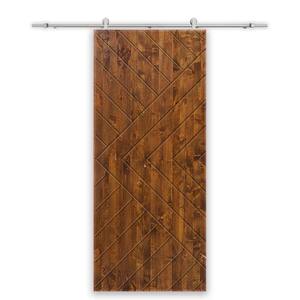 Chevron Arrow 24 in. x 84 in. Fully Assembled Walnut Stained Wood Modern Sliding Barn Door with Hardware Kit