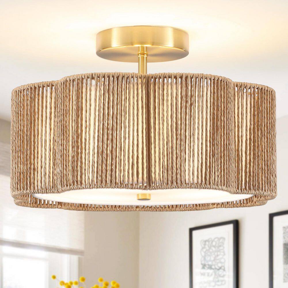 Modern 12.60 in. 3-Light Vintage Brass Rattan Semi Flush Mount Ceiling Light with Flower-Shaped Fabric Shade price history on PriceWatchPro