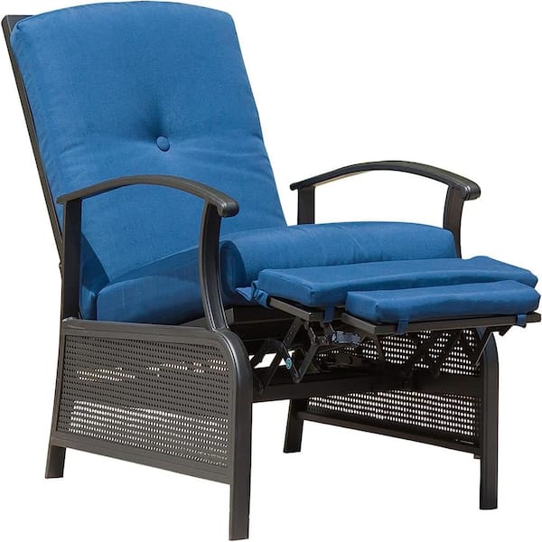 GAWEZA Adjustable Black Metal Outdoor Recliner with Olefin Blue Cushions and Footrest for Reading Sunbathing Relaxation
