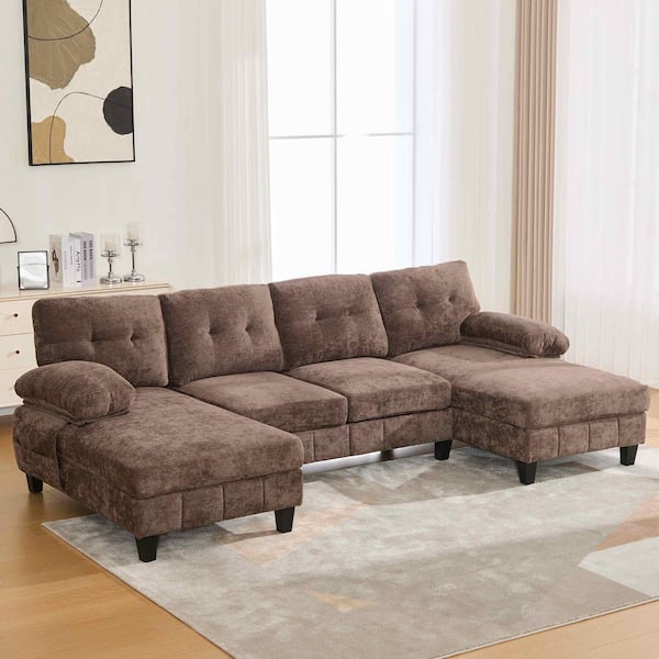 103.5 in. Round Arm Chenille Sectional Sofa with Dual Chaise Lounges, Storage Pockets and Armrest Pillows in. Brown